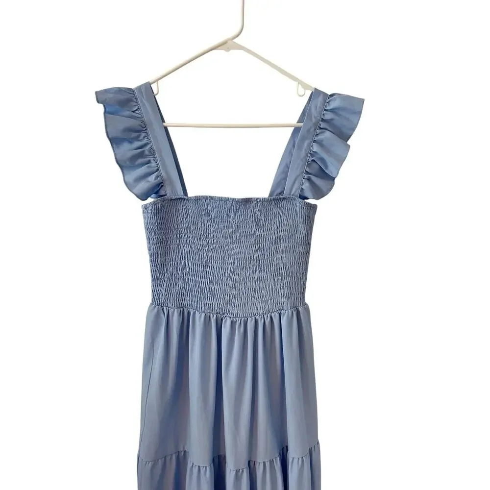 Tiered Smocked Dress Womens Size Small Blue High Waisted ‎ Fairy Summer Sundress